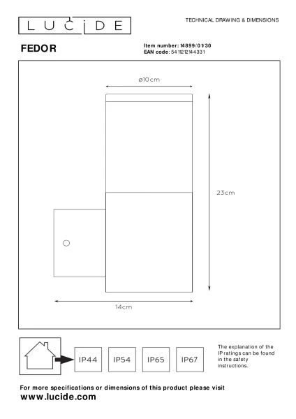 Lucide FEDOR - Lámpara de pared Dentro/Fuera - 1xE27 - IP44 - Negro - técnico